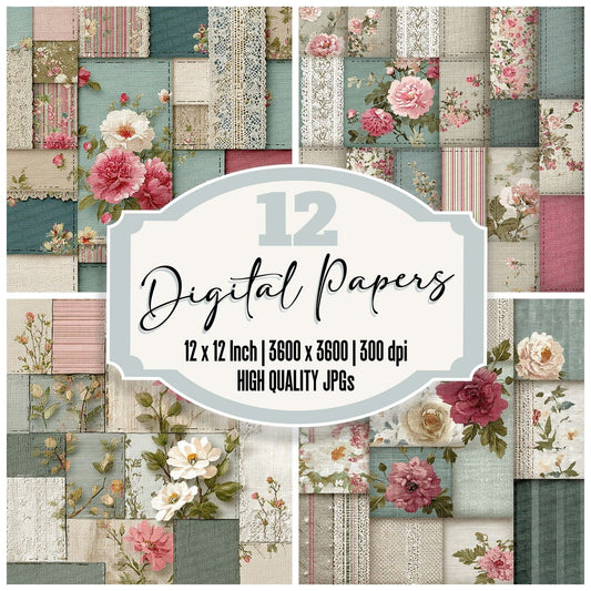 Mint Pink Linen Patchwork Fabric Digital Paper Pack (DDD002537)