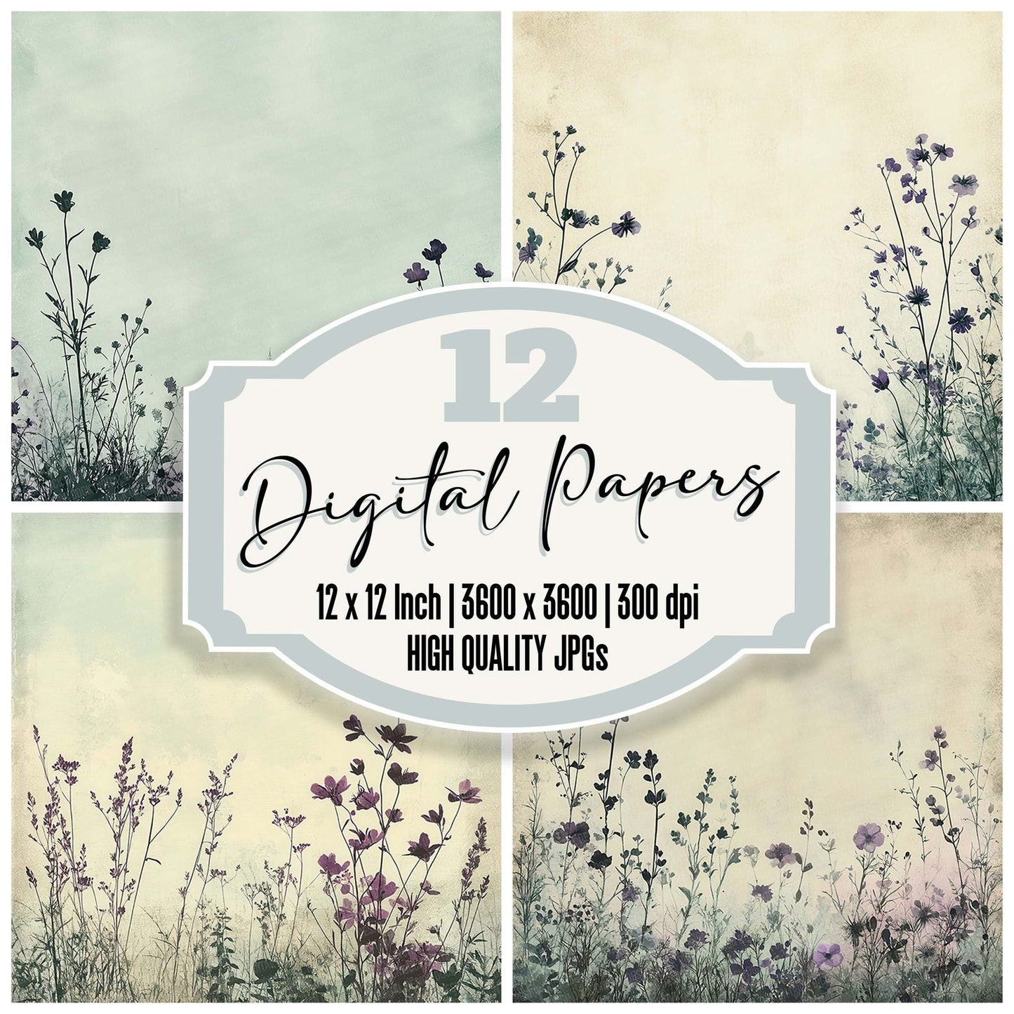 Mint Violet Flower Edge Digital Paper Pack (DDD002545)