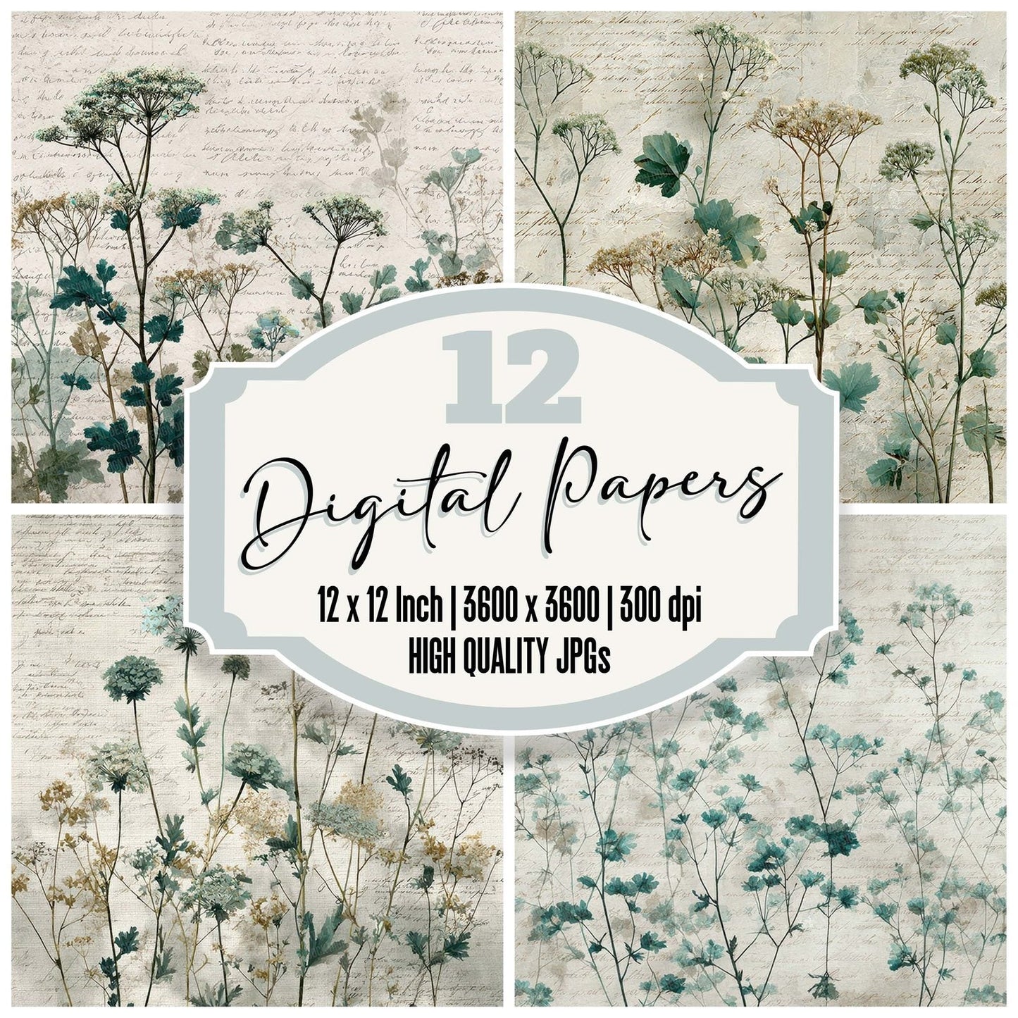 Mint Wildflower Linen Digital Paper Pack (DDD007678)