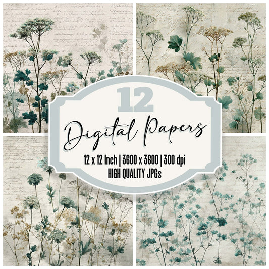Mint Wildflower Linen Digital Paper Pack (DDD007678)