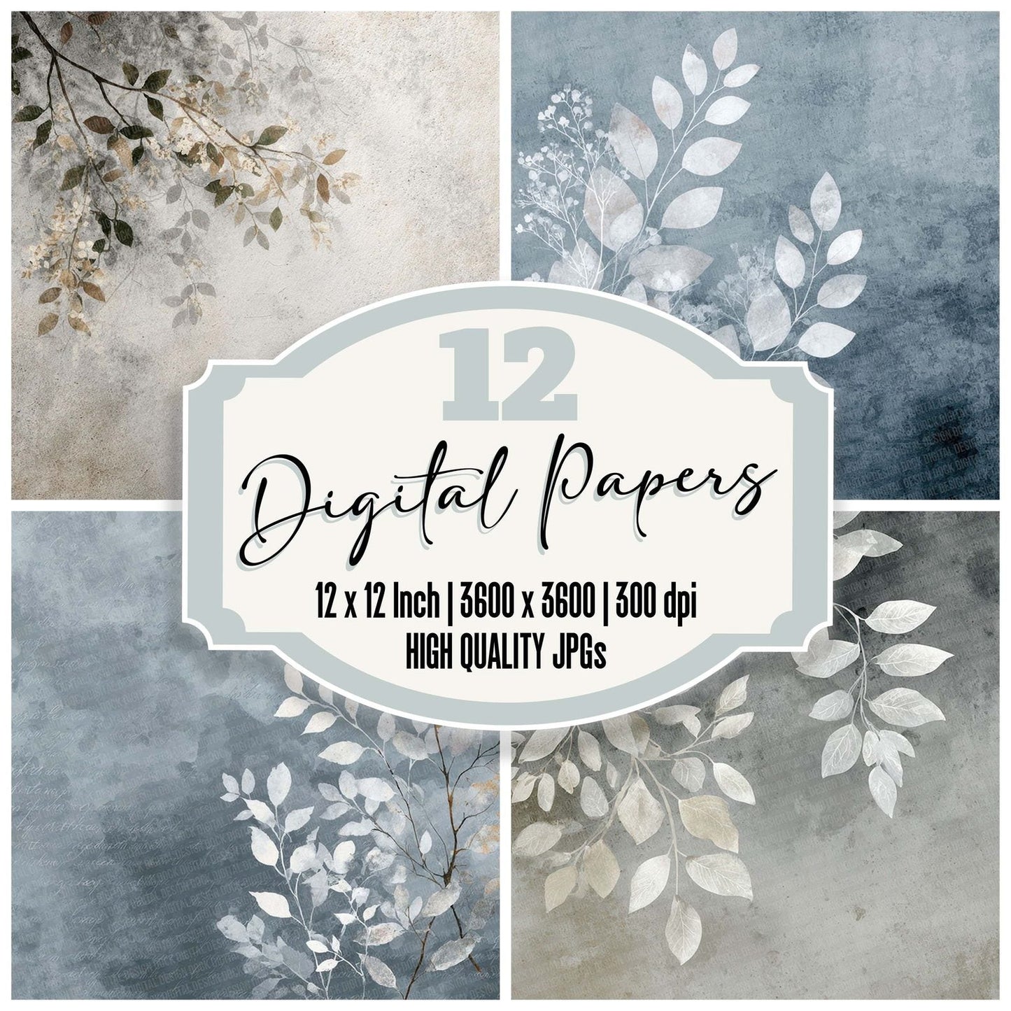 Mist Grey Watercolour Wash Floral Digital Paper Pack (DDD002552)