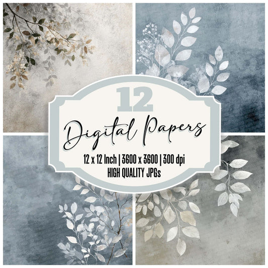 Mist Grey Watercolour Wash Floral Digital Paper Pack (DDD002552)