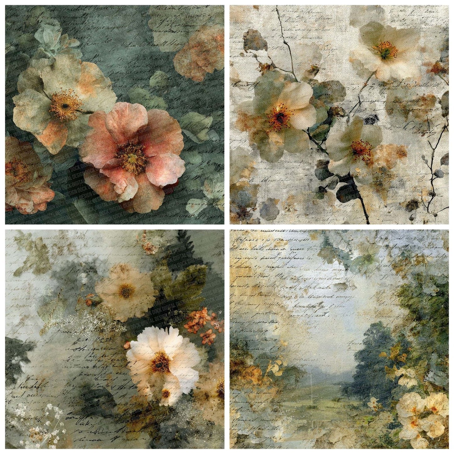 Moss Bronze Fabric Layer Floral Script Digital Paper Pack (DDD002606)