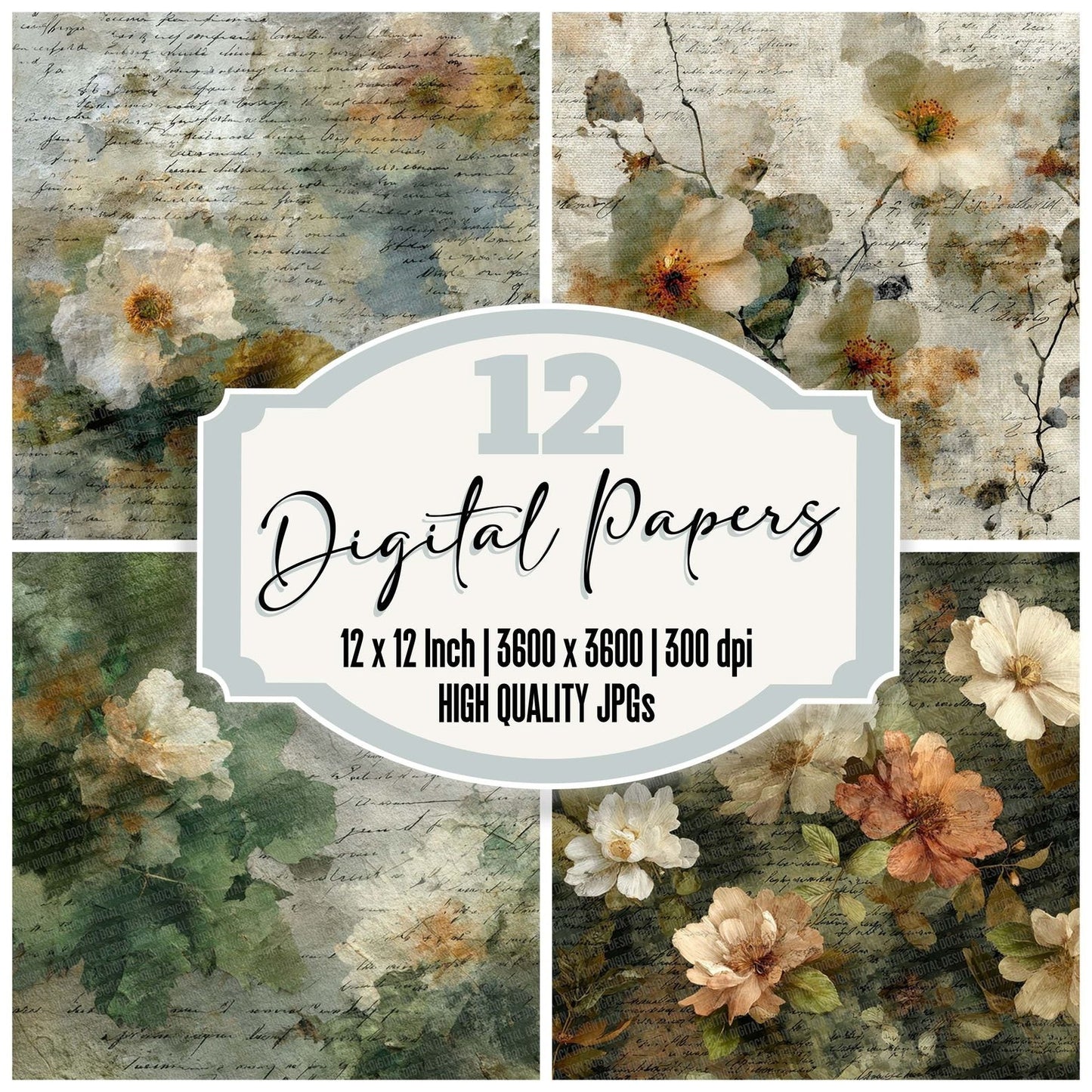 Moss Bronze Fabric Layer Floral Script Digital Paper Pack (DDD002606)