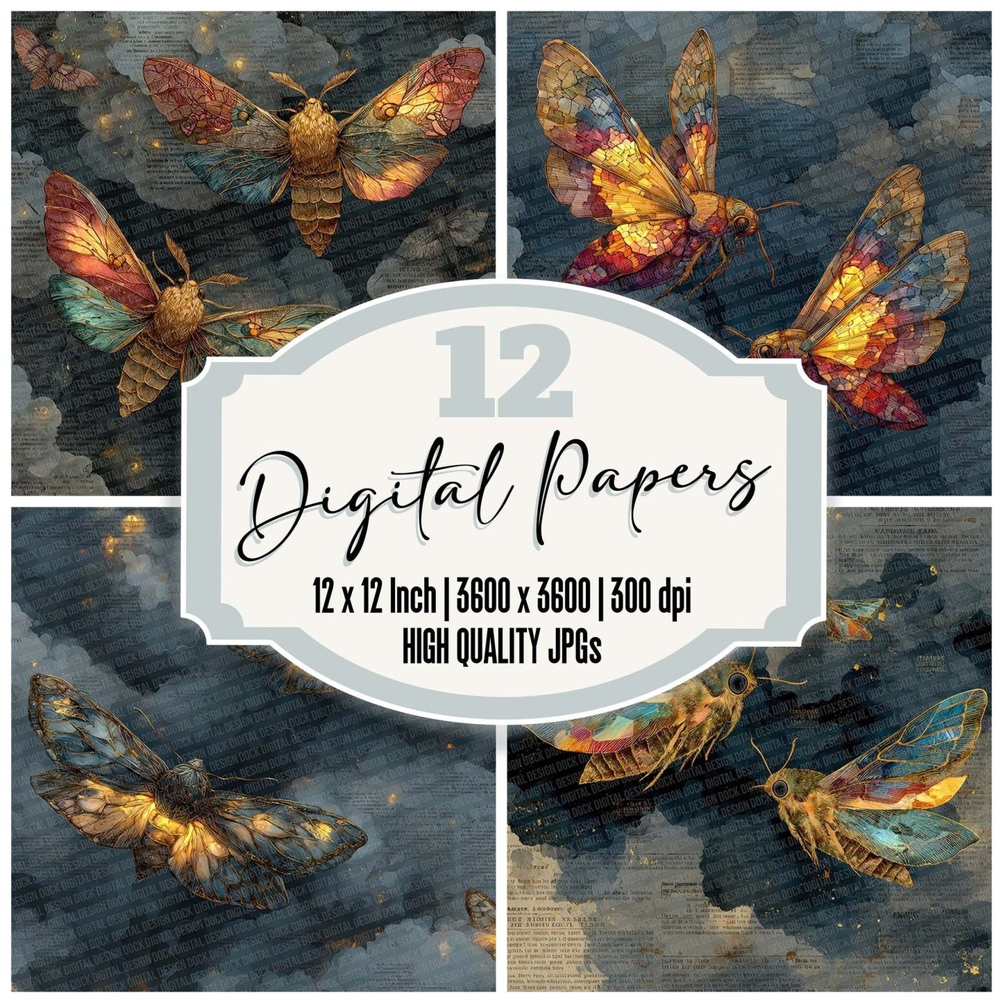 Moth Glass Charcoal Digital Paper Pack (DDD007680)