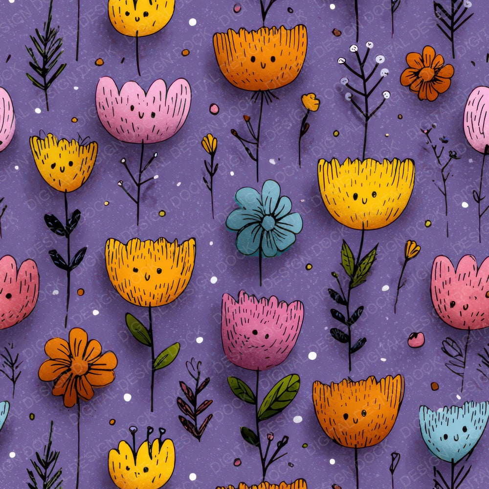 Naive Cartoon Floral Background Digital Paper Pack (DDD007861)