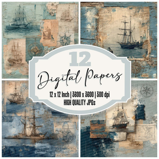 Nautical Compass Collage Digital Paper Pack (DDD002663)