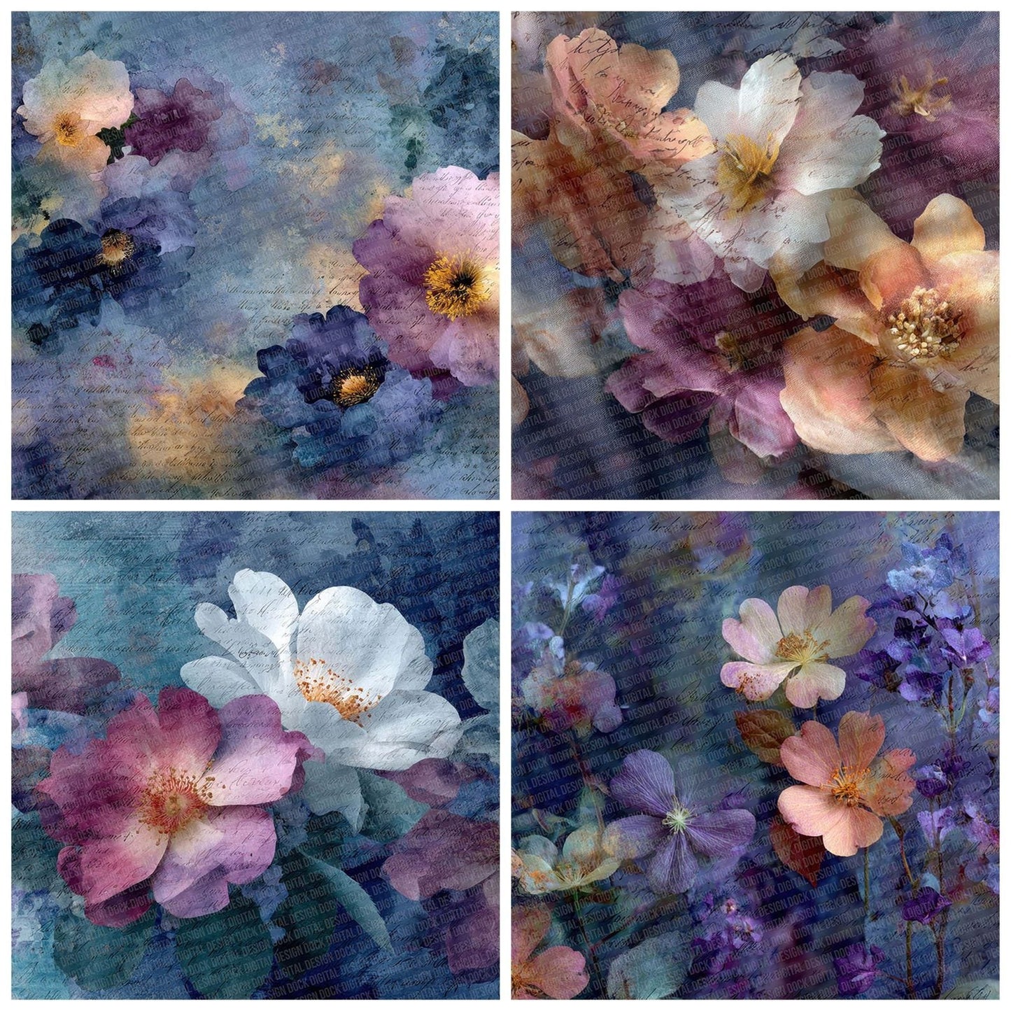 Navy Plum Fabric Layer Floral Script Digital Paper Pack (DDD002668)