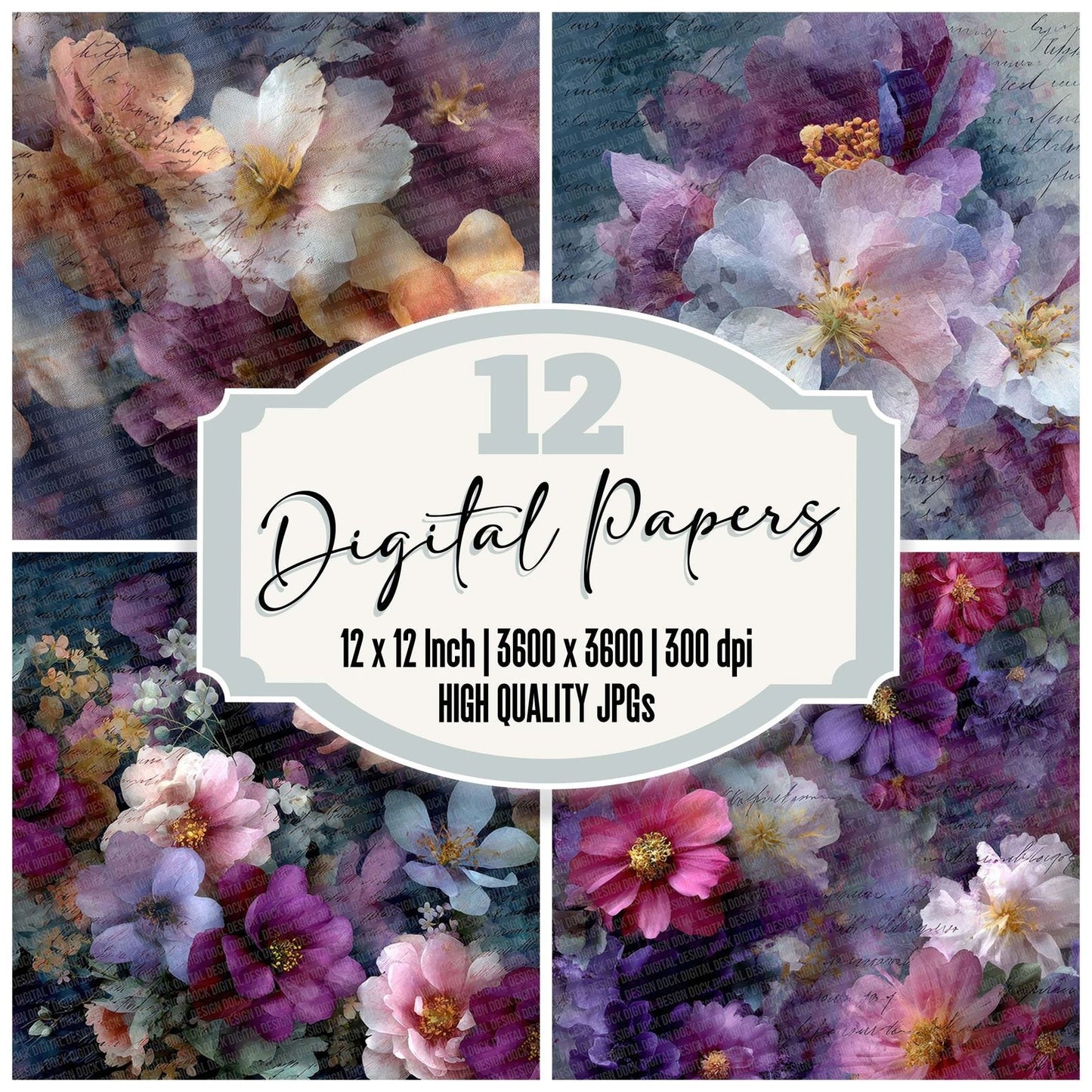 Navy Plum Fabric Layer Floral Script Digital Paper Pack (DDD002668)
