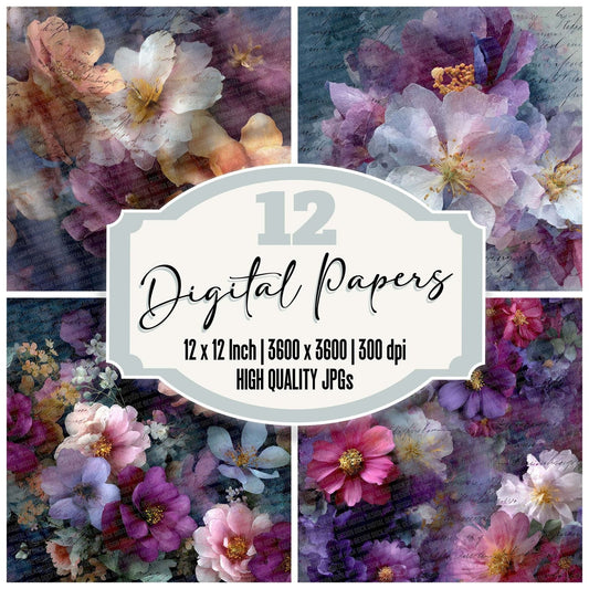 Navy Plum Fabric Layer Floral Script Digital Paper Pack (DDD002668)