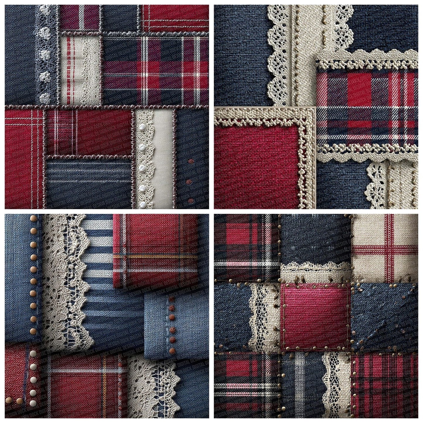 Navy Stripe Tartan Patchwork Fabric Digital Paper Pack (DDD002670)