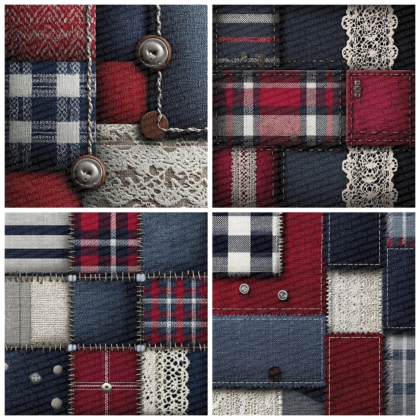 Navy Stripe Tartan Patchwork Fabric Digital Paper Pack (DDD002670)