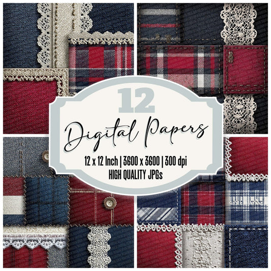 Navy Stripe Tartan Patchwork Fabric Digital Paper Pack (DDD002670)