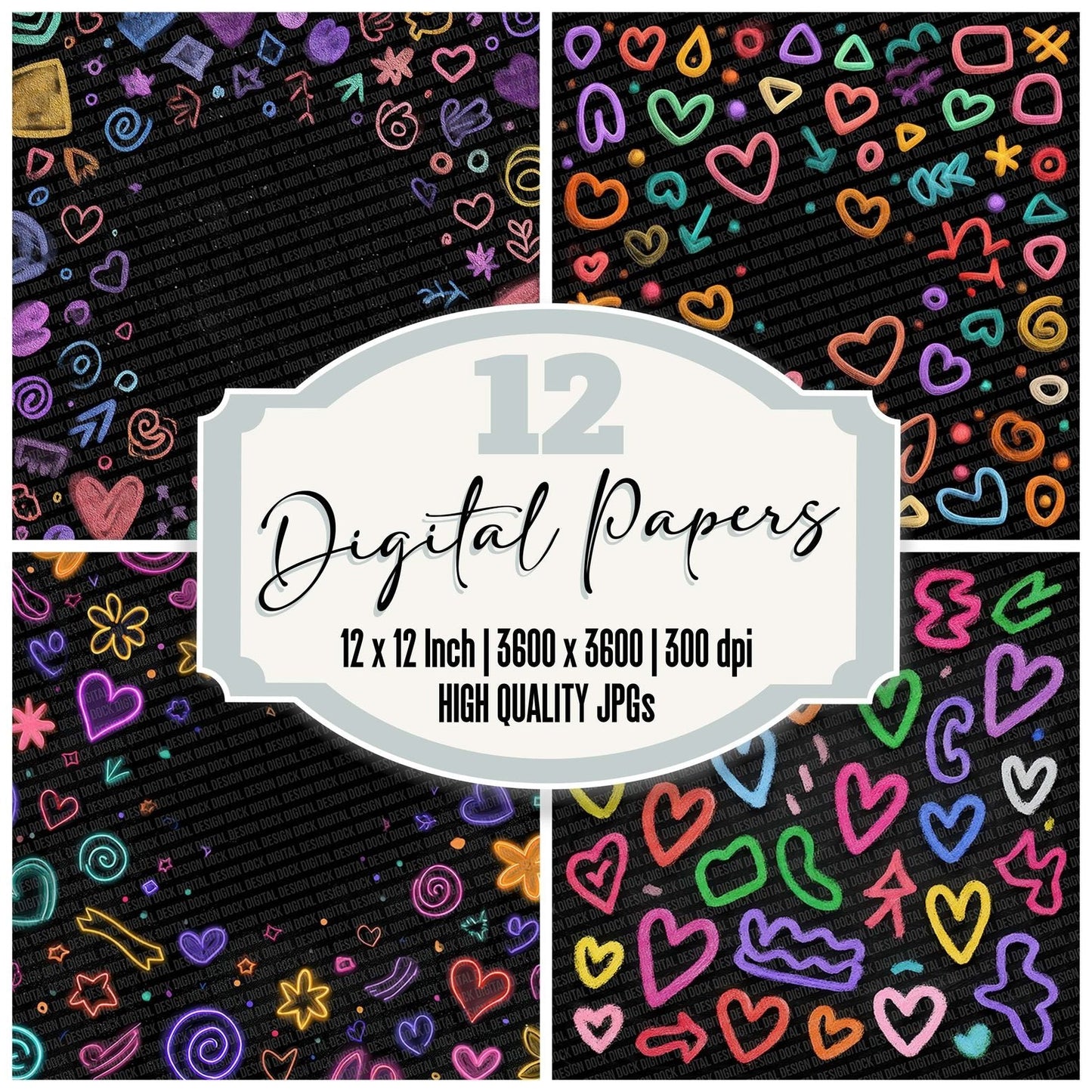 Neon Doodle Border Digital Paper Pack (DDD002685)