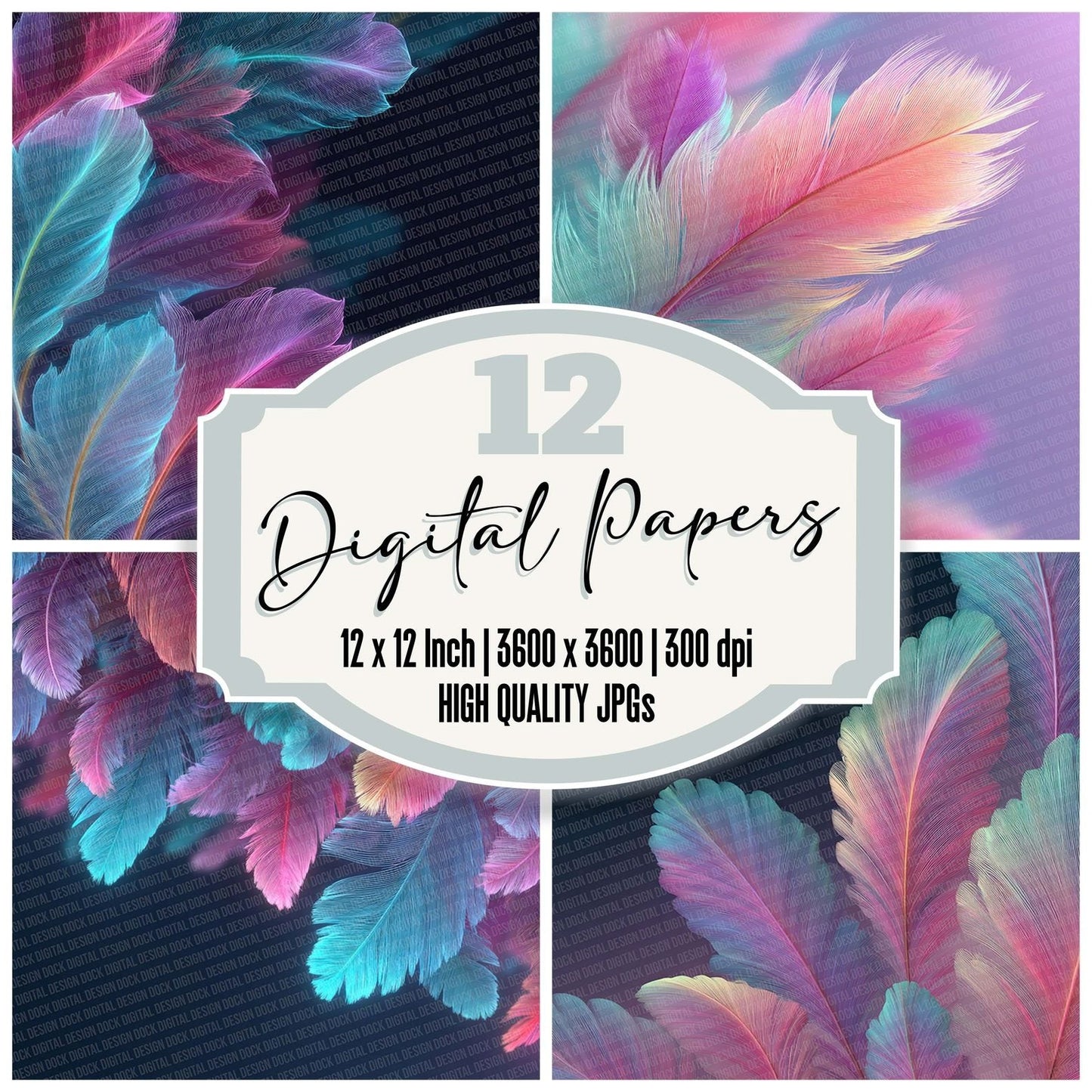 Neon Feather Border Digital Paper Pack (DDD002690)