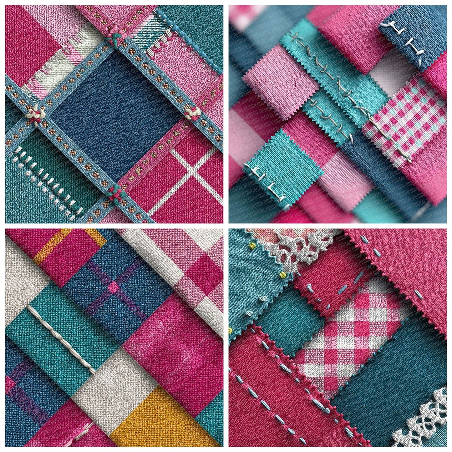 Neon Gingham Denim Patchwork Fabric Digital Paper Pack (DDD002696)