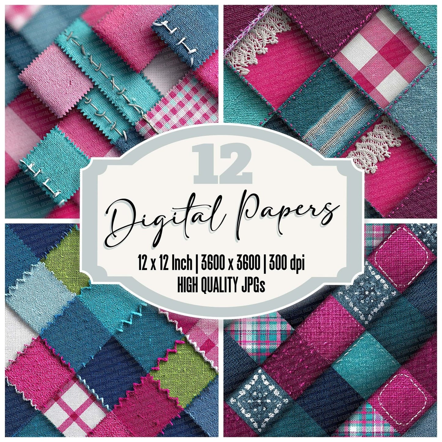 Neon Gingham Denim Patchwork Fabric Digital Paper Pack (DDD002696)