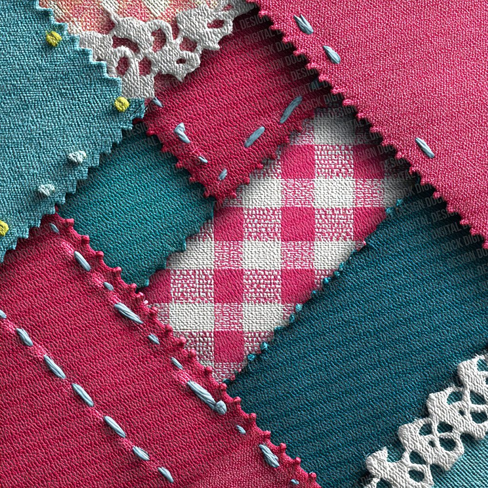 Neon Gingham Denim Patchwork Fabric Digital Paper Pack (DDD002696)