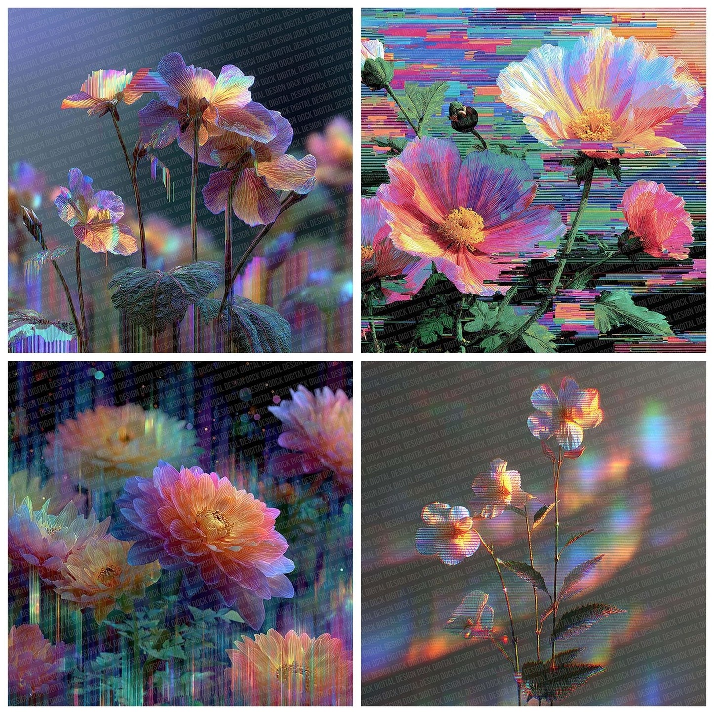 Neon Petal Drift Botanical Glitch Digital Paper Pack (DDD002720)