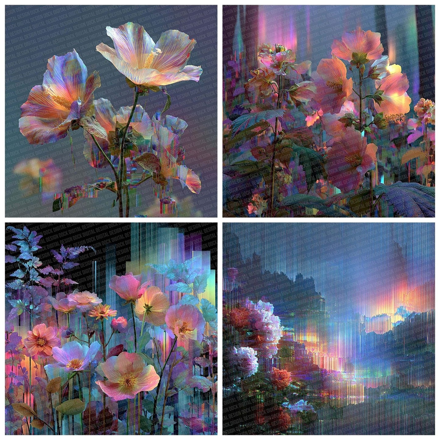 Neon Petal Drift Botanical Glitch Digital Paper Pack (DDD002720)