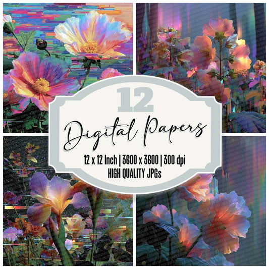 Neon Petal Drift Botanical Glitch Digital Paper Pack (DDD002720)