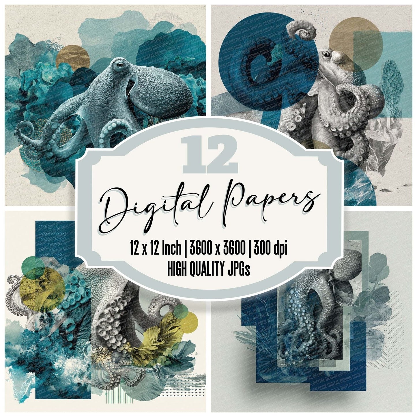 Octopus Ocean Moodboard Digital Paper Pack (DDD002795)