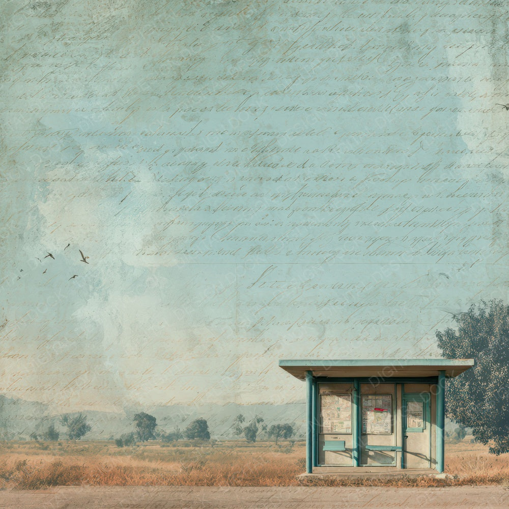 Old Rural Bus Stop Shelter Scene Digital Paper Pack (DDD012294)