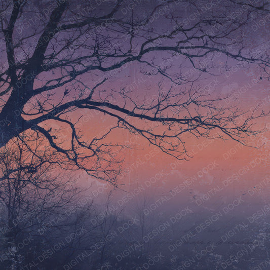 Old Twilight Tree Silhouette Scene Digital Paper Pack (DDD012319)