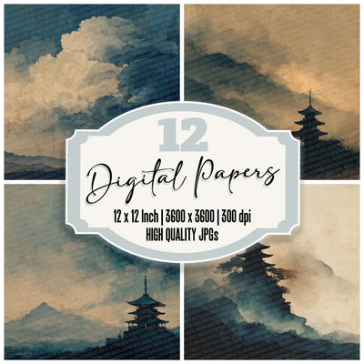 Pagoda Mist Japanese Watercolour digital paper pack cover showing four of the 12 papers