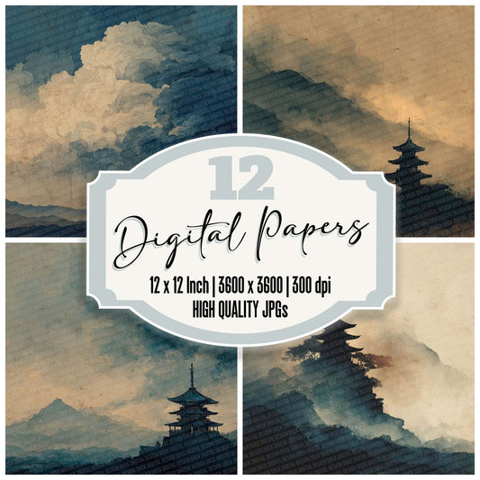 Pagoda Mist Japanese Watercolour Digital Paper Pack (DDD002866)