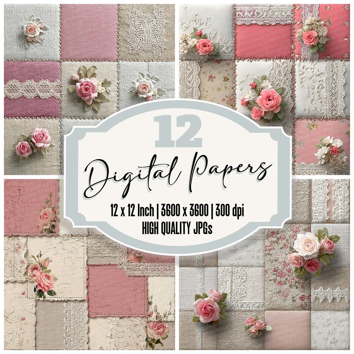 Parisian Pink Shabby Patchwork Fabric Digital Paper Pack (DDD002901)