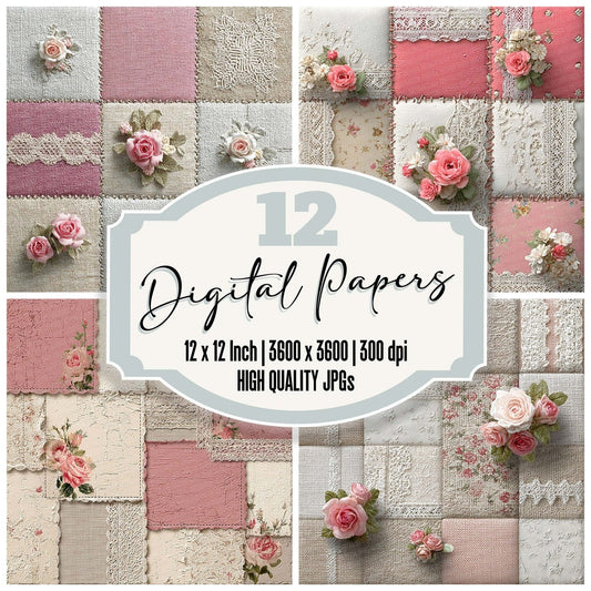 Parisian Pink Shabby Patchwork Fabric Digital Paper Pack (DDD002901)