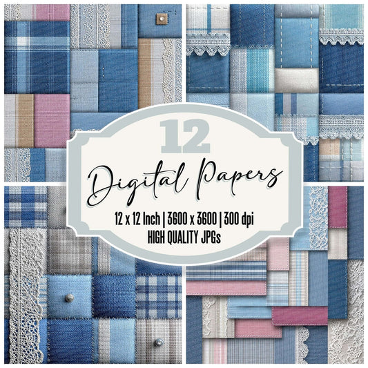Pastel Stripe Lace Patchwork Fabric Digital Paper Pack (DDD002936)
