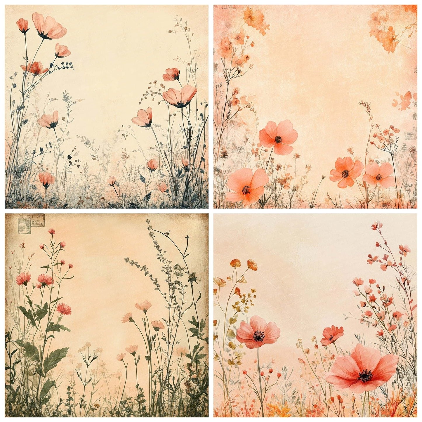 Peach Coral Floral Frame Digital Paper Pack (DDD002952)