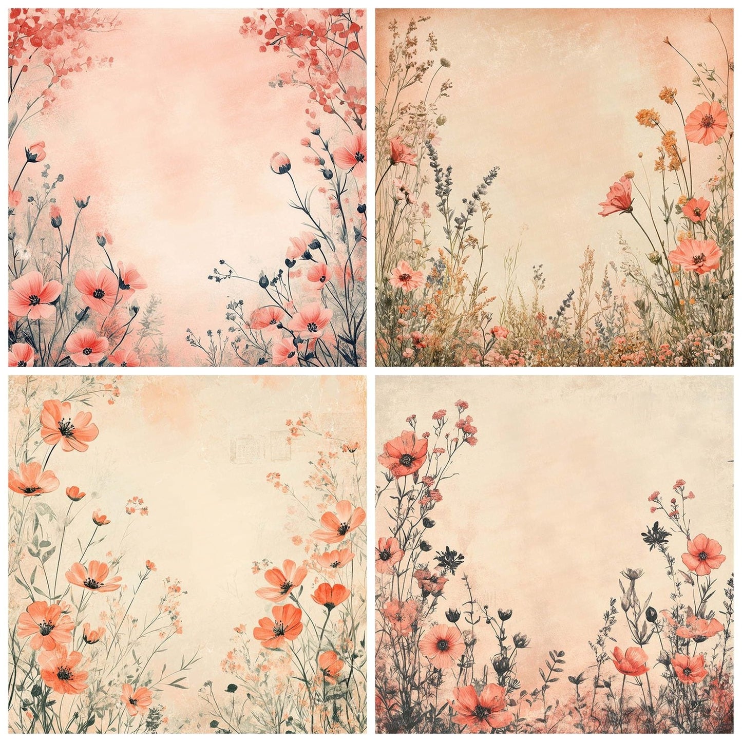 Peach Coral Floral Frame Digital Paper Pack (DDD002952)