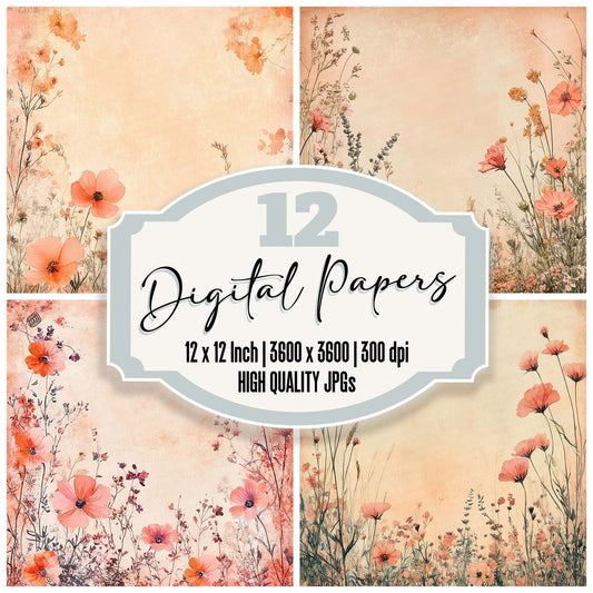 Peach Coral Floral Frame Digital Paper Pack (DDD002952)
