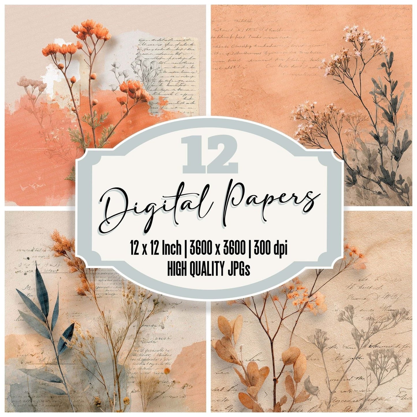 Peach Dune Botanical Notes Digital Paper Pack (DDD002954)