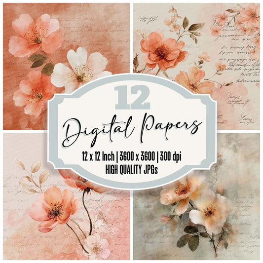 Peach Floral Script Digital Paper Pack (DDD002955)