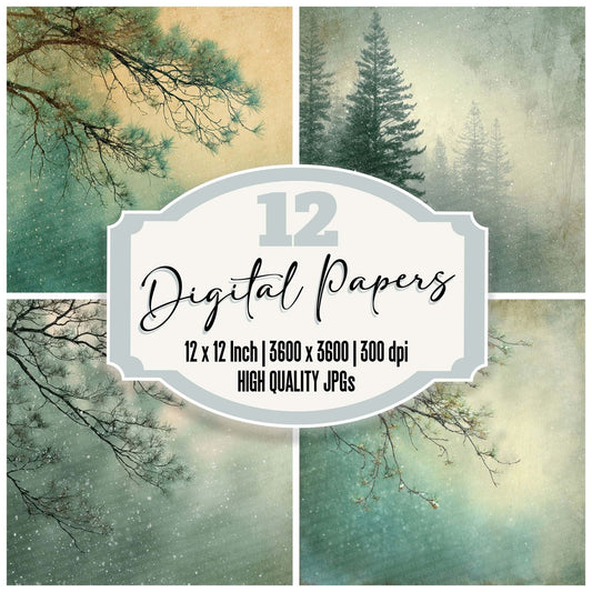 Pine Mist Winter Background Digital Paper Pack (DDD002992)