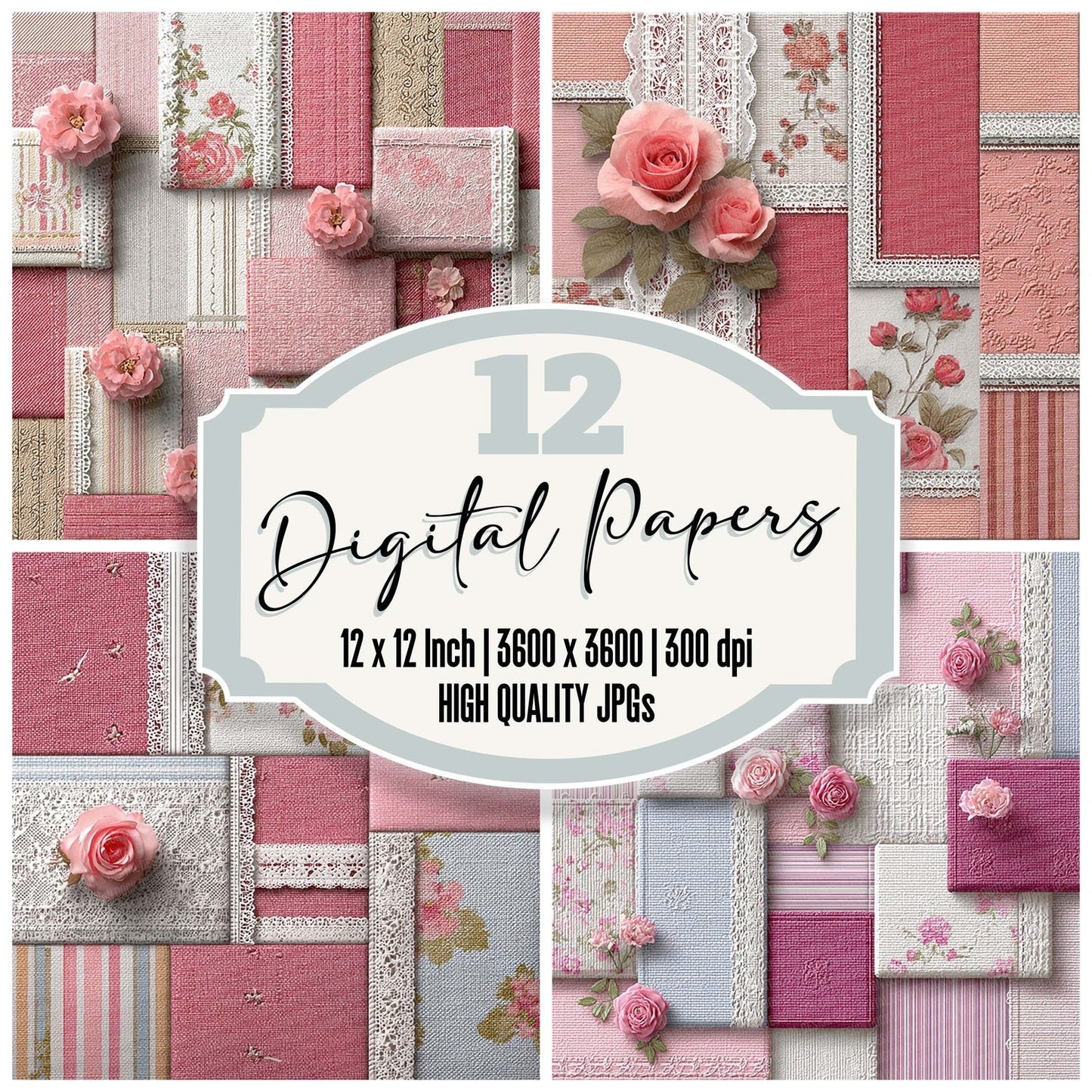 Pink Lace Floral Patchwork Fabric Digital Paper Pack (DDD003003)