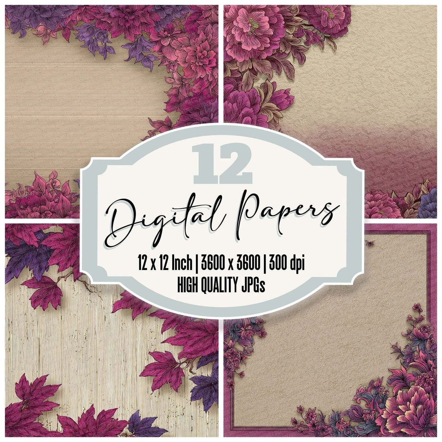 Pink Purple Floral Frame Digital Paper Pack (DDD003006)