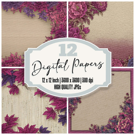Pink Purple Floral Frame Digital Paper Pack (DDD003006)