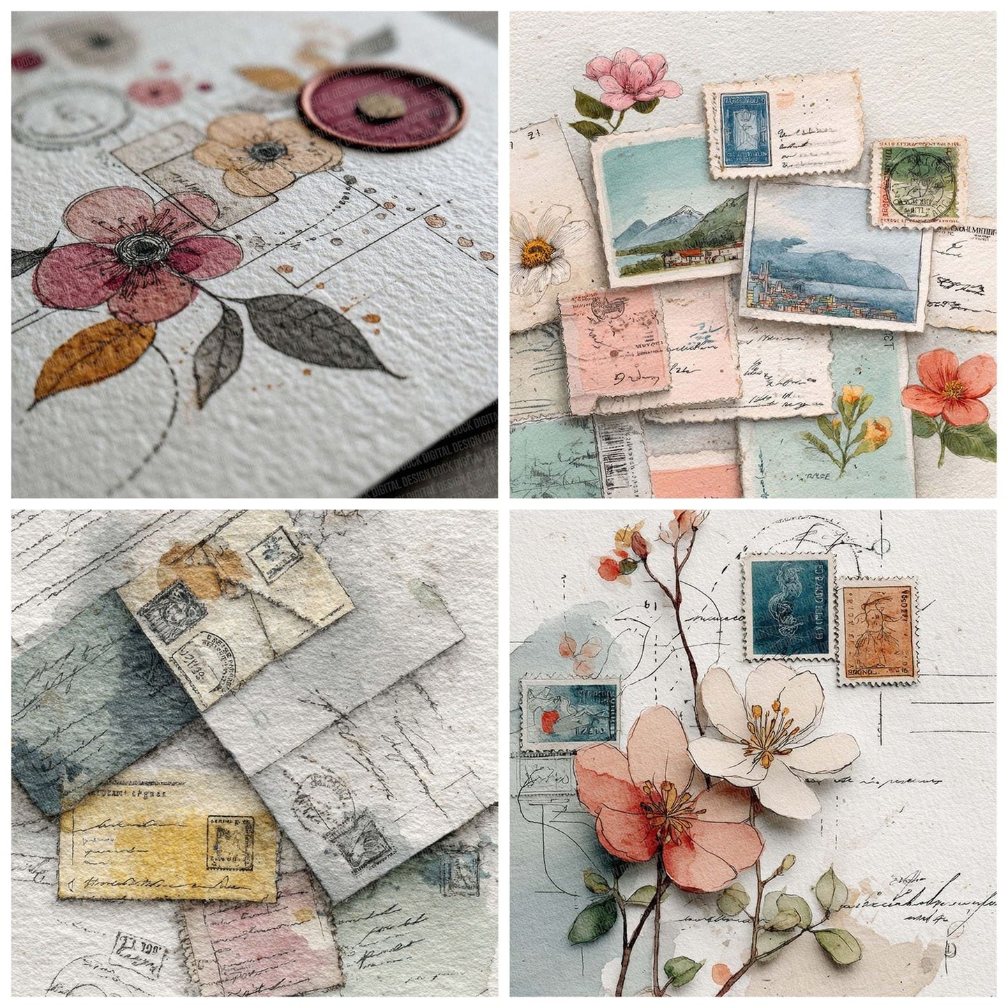 Postcard Stamp Line Art Digital Paper Pack (DDD003055)