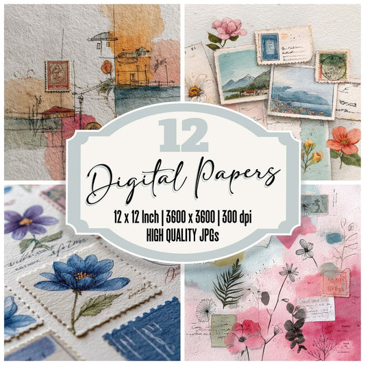 Postcard Stamp Line Art Digital Paper Pack (DDD003055)
