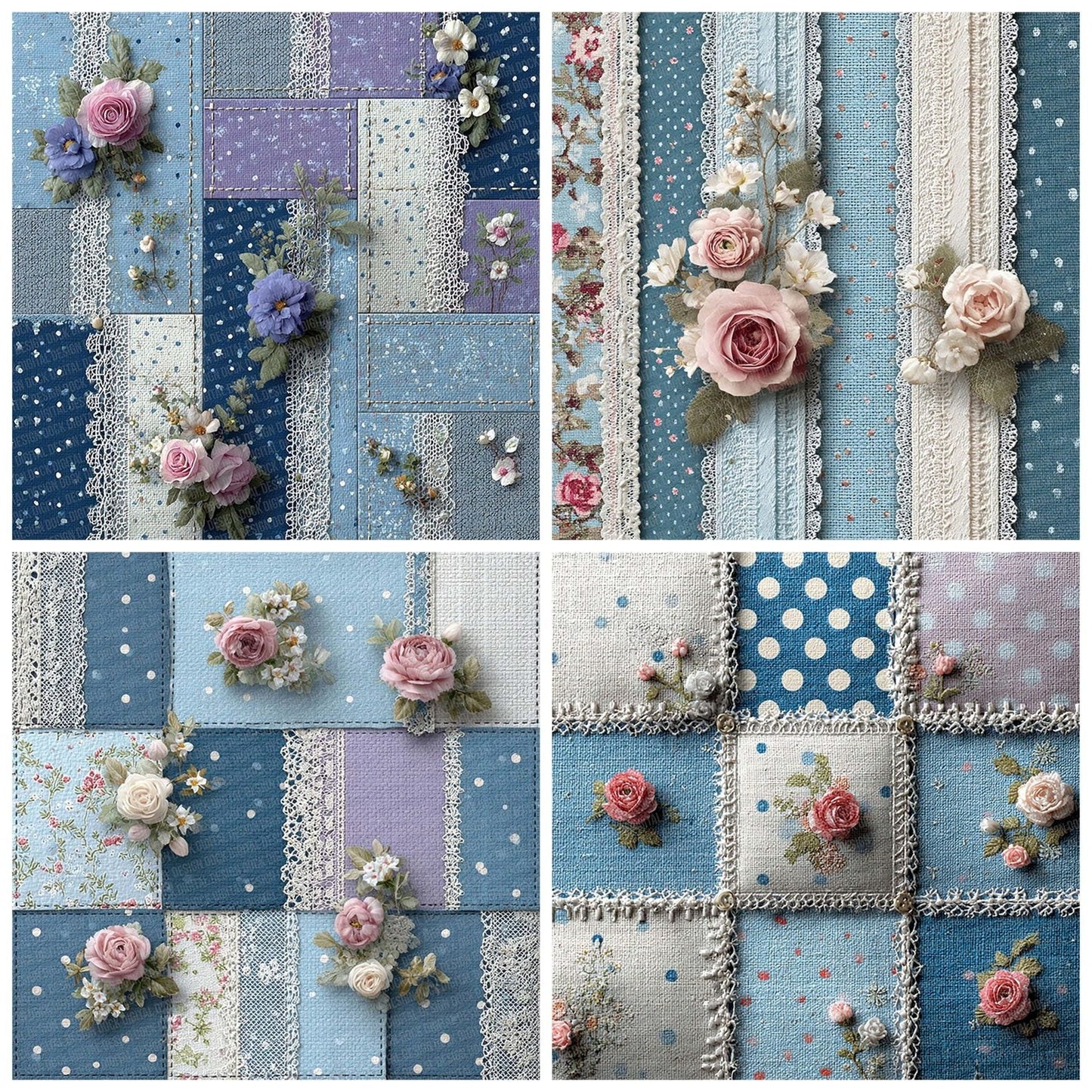 Powder Blue Rose Patchwork Fabric Digital Paper Pack (DDD003058)