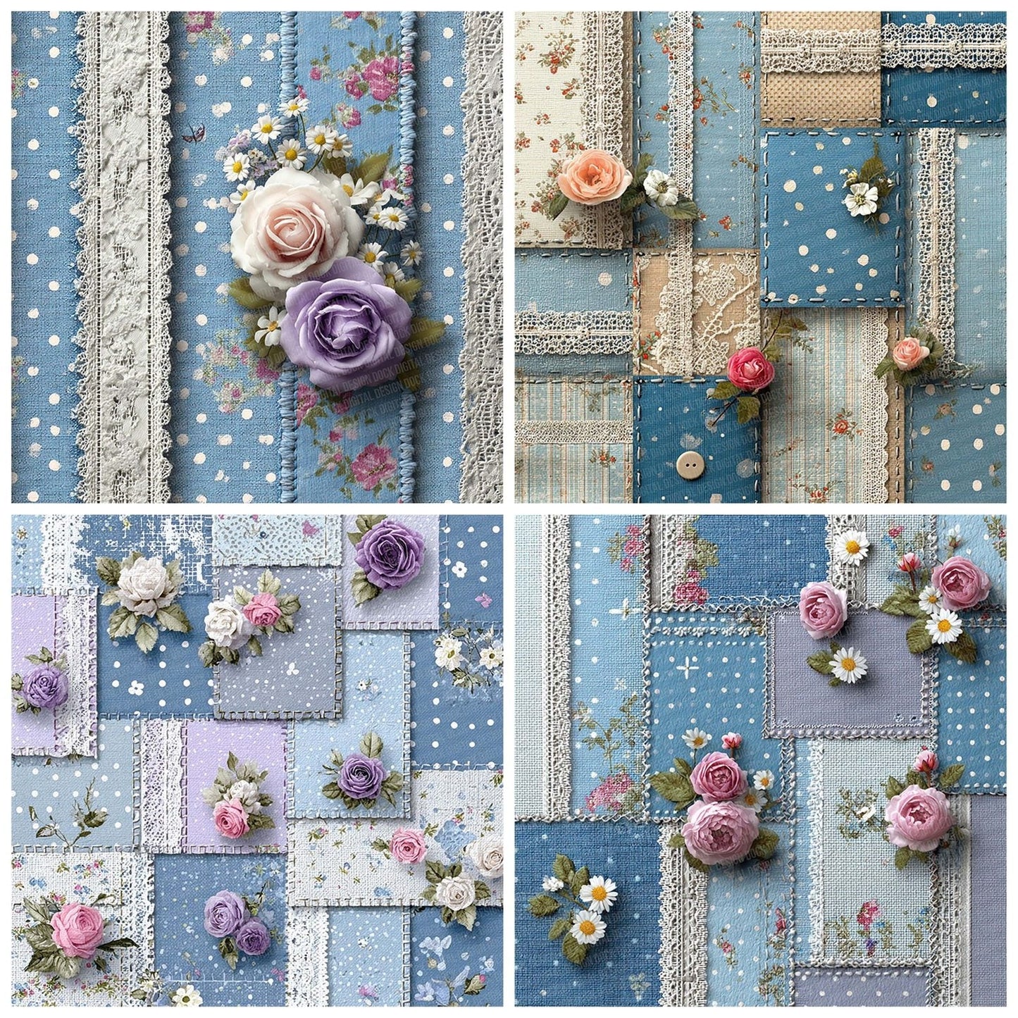 Powder Blue Rose Patchwork Fabric Digital Paper Pack (DDD003058)