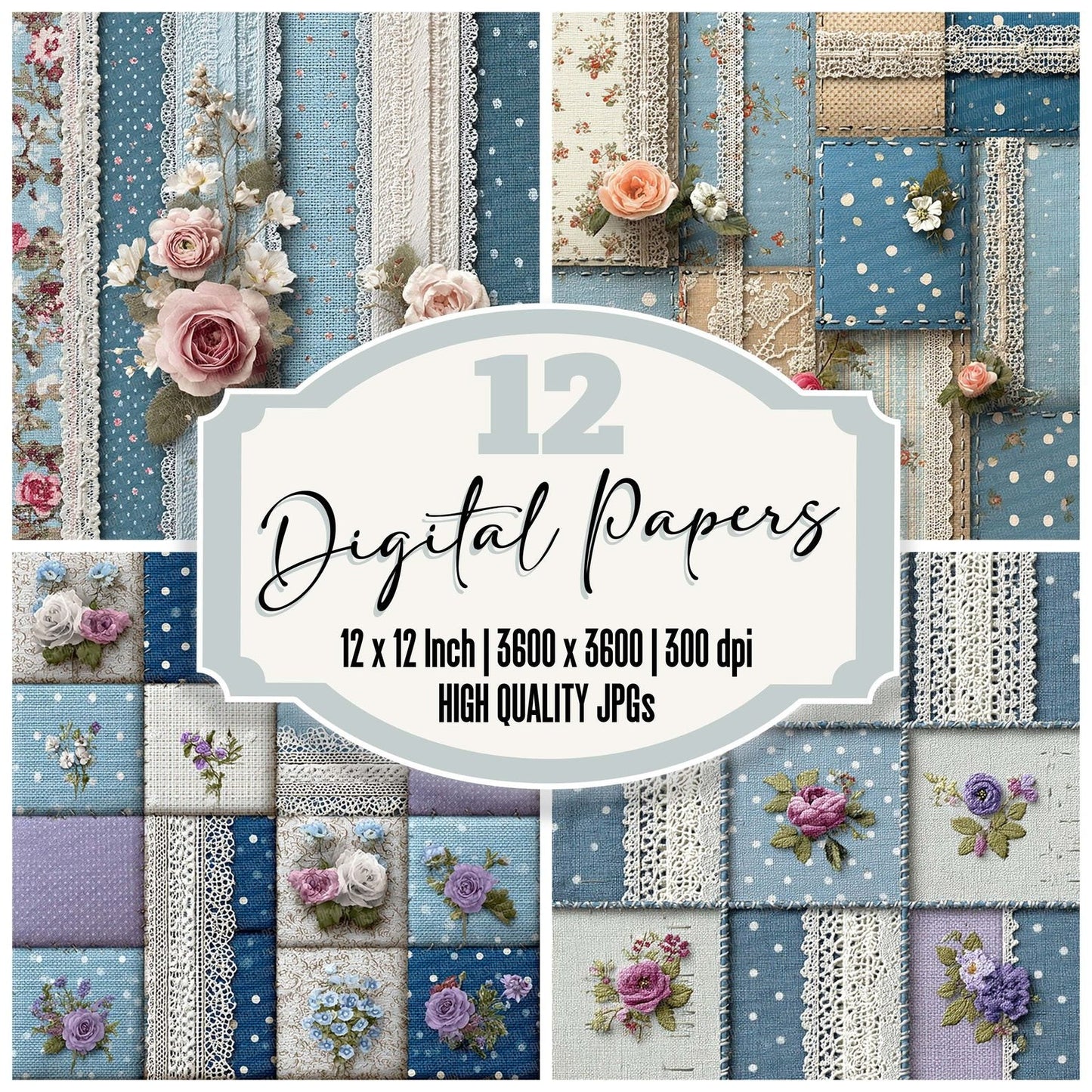 Powder Blue Rose Patchwork Fabric Digital Paper Pack (DDD003058)
