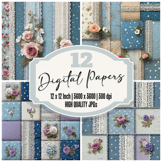 Powder Blue Rose Patchwork Fabric Digital Paper Pack (DDD003058)