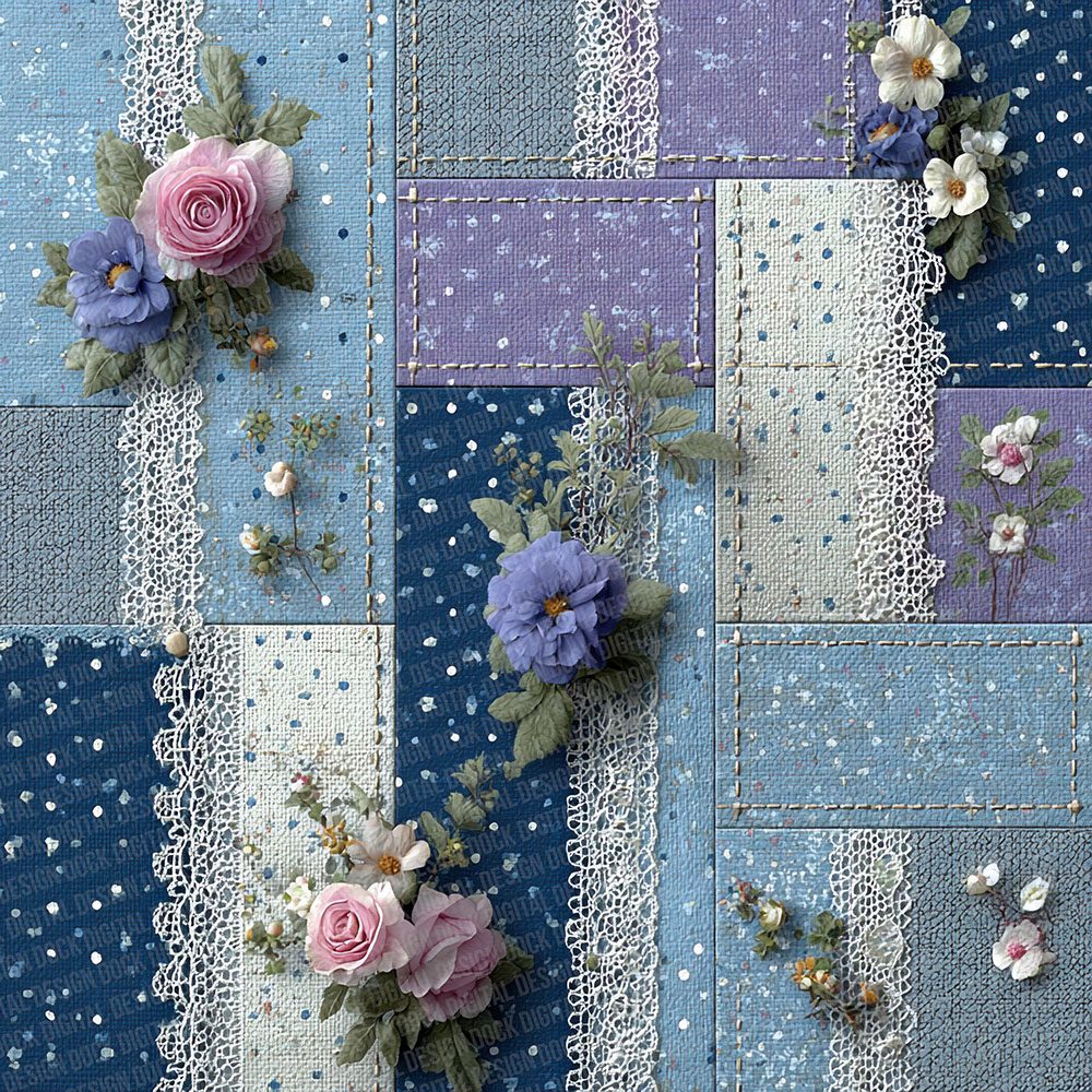 Powder Blue Rose Patchwork Fabric Digital Paper Pack (DDD003058)