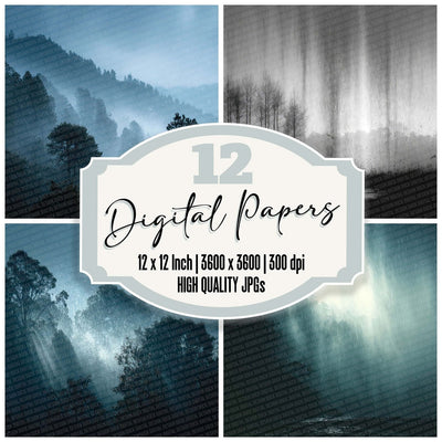 Rain Treeline Mist digital paper pack cover showing four of the 12 papers